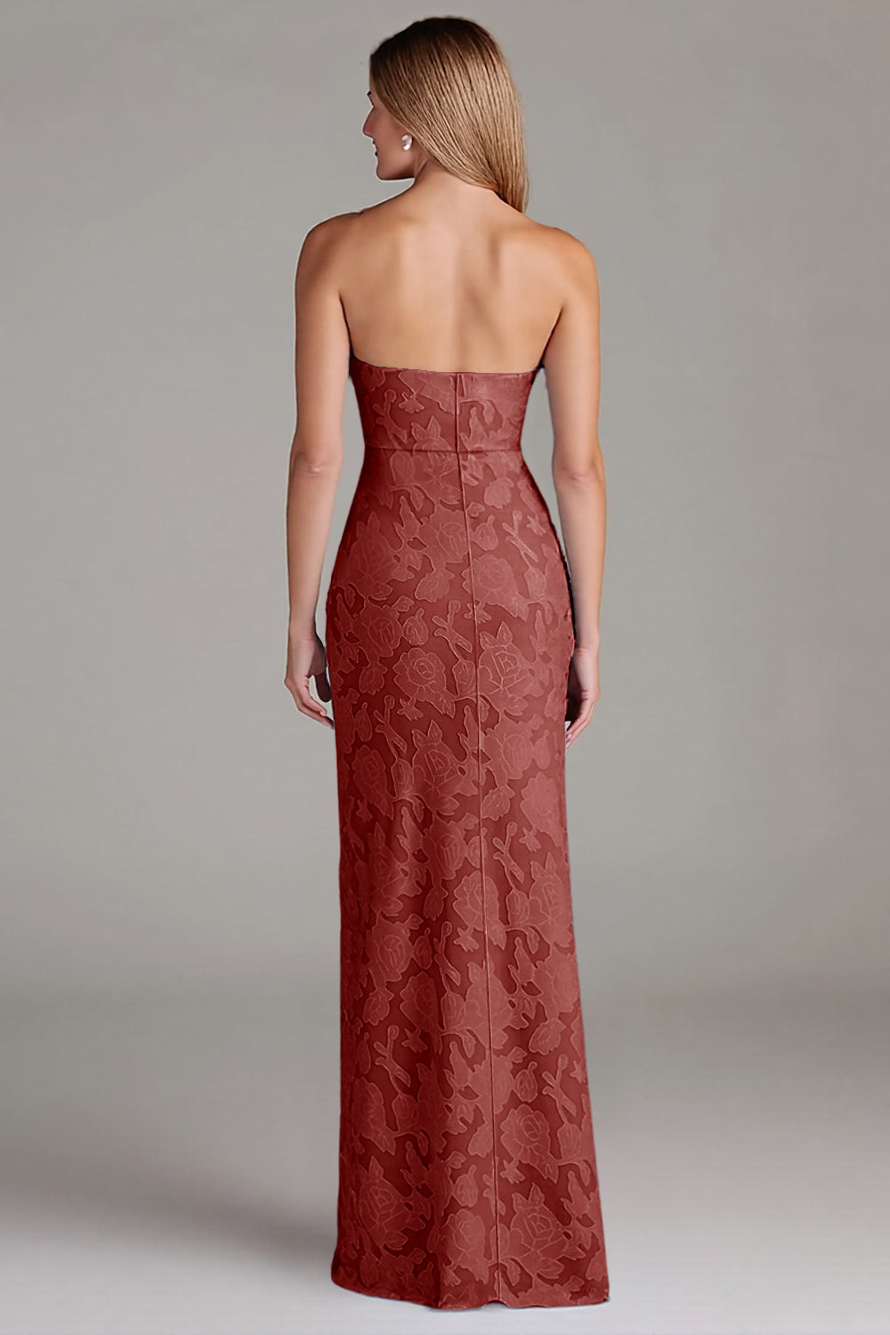 Robe de demoiselle d’honneur longue sans bretelles gaine bleu poussiéreux