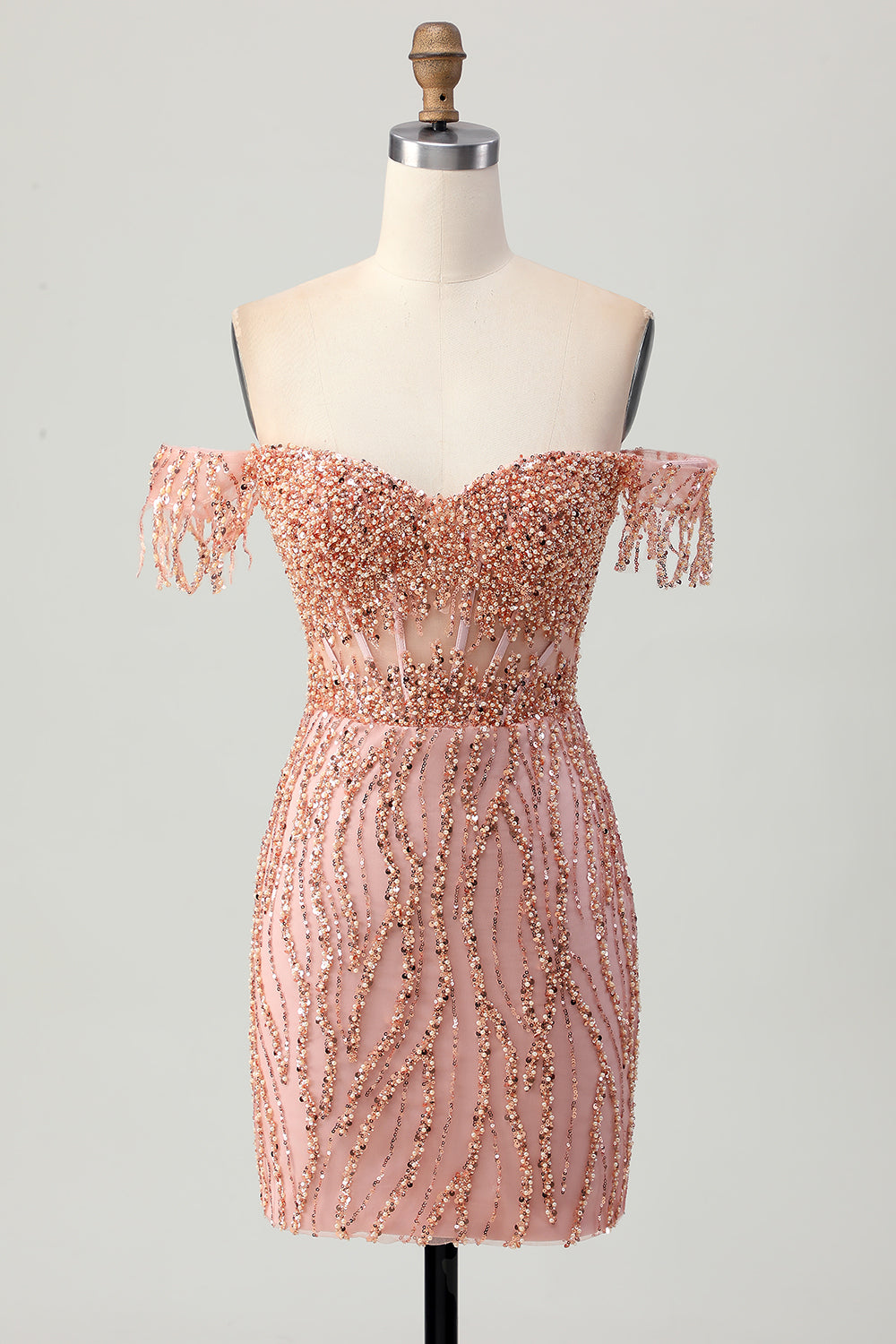 Épaule dénudée Dusty Rose Moulante Corset Robe courte de retour à la maison avec perles
