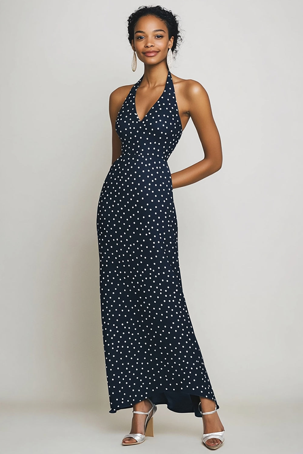 Robe longue à pois blancs gris marine
