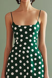 Robe midi à pois vert blanc à bretelles spaghetti