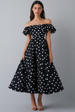 Robe à pois blancs noirs à volants à épaules dénudées