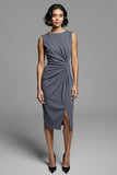 Robe de travail midi fourreau froncé gris avec fente