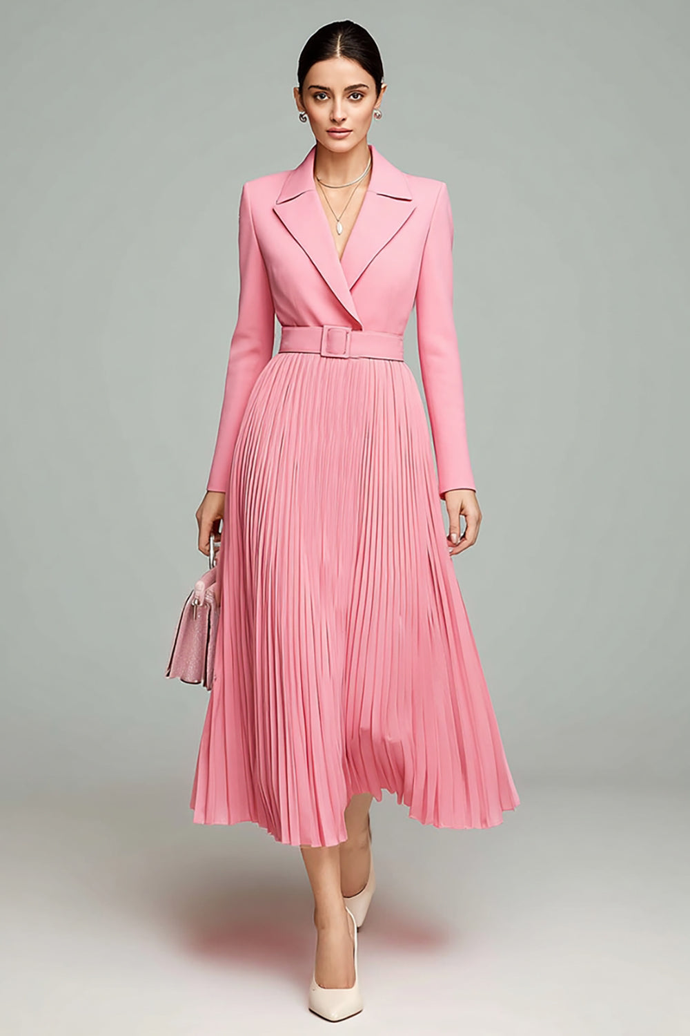 Robe blazer plissée rose à manches longues