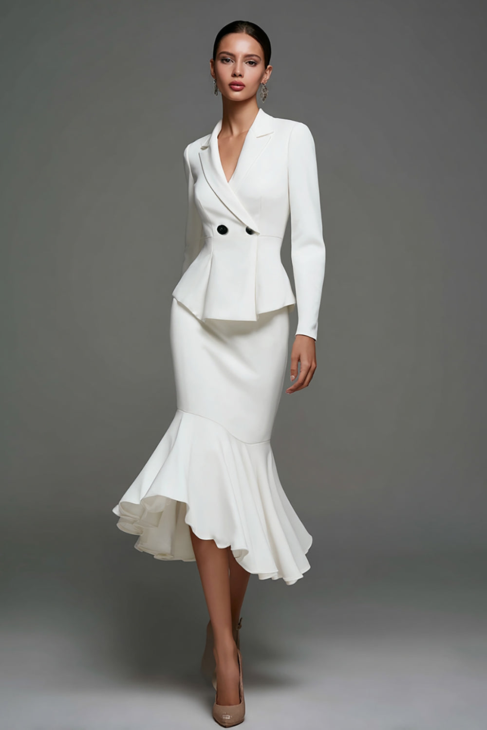 Robe blazer mi-longue à volants à revers crantés ivoire