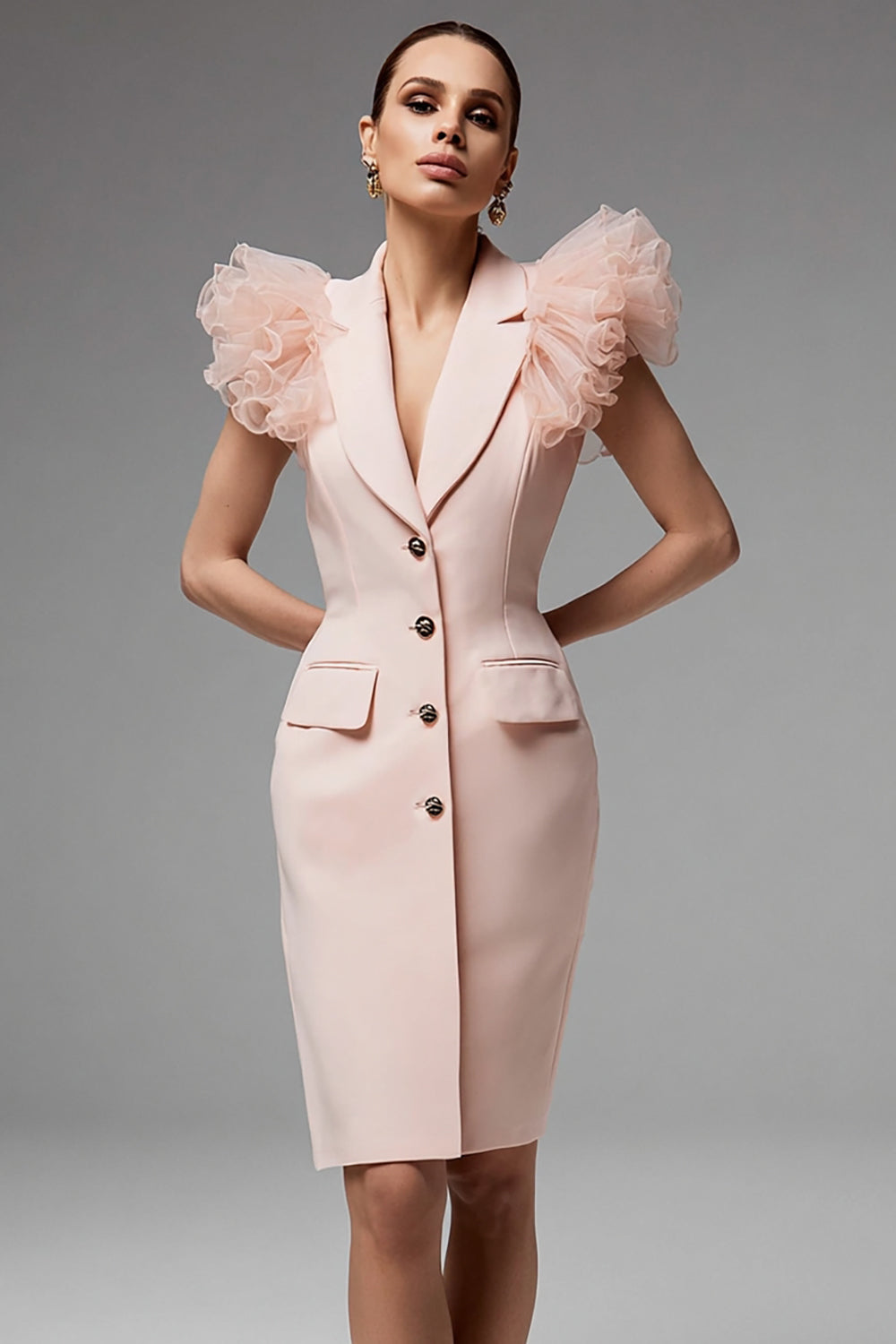 Robe blazer courte rose à simple boutonnage avec volants
