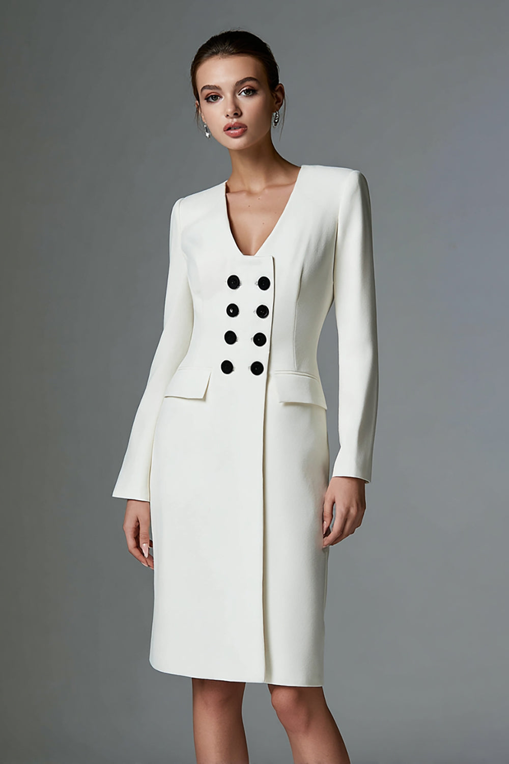 Robe courte de travail crayon ivoire à double boutonnage