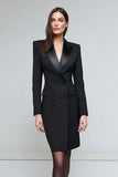 Robe de travail midi en satin noir à revers en pointe