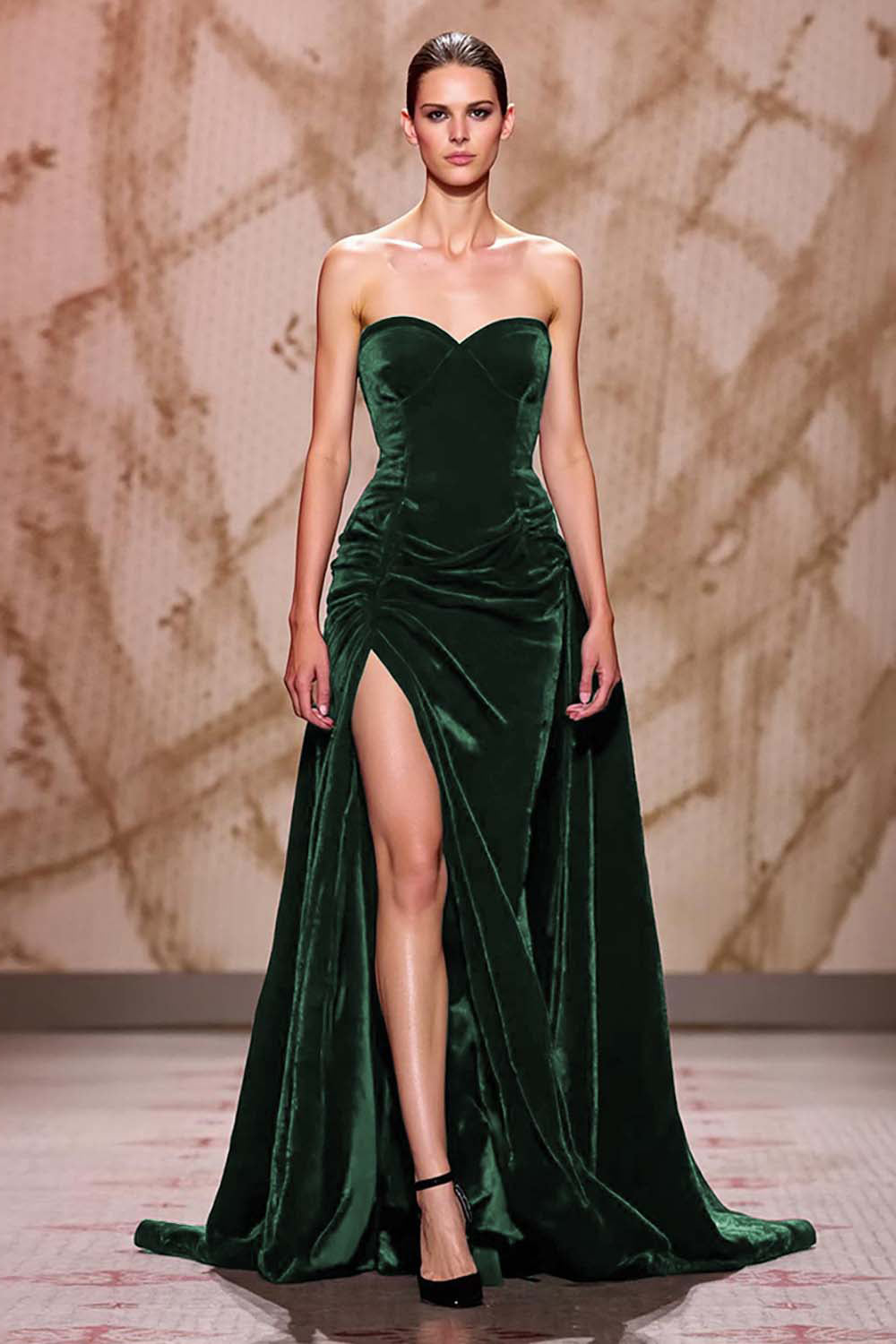 Robe de soirée longue en velours rouge foncé avec fente