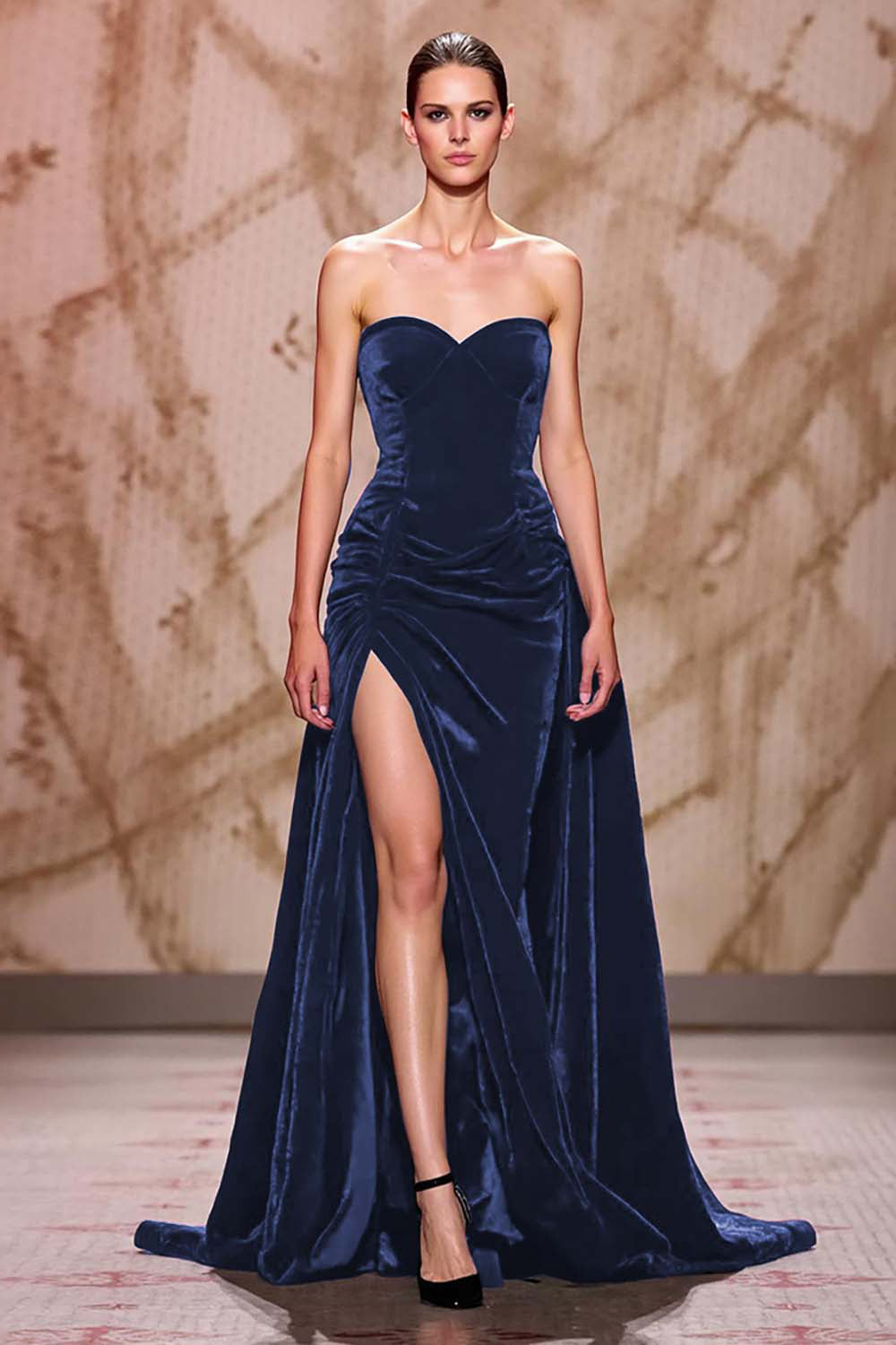 Robe de soirée longue en velours rouge foncé avec fente