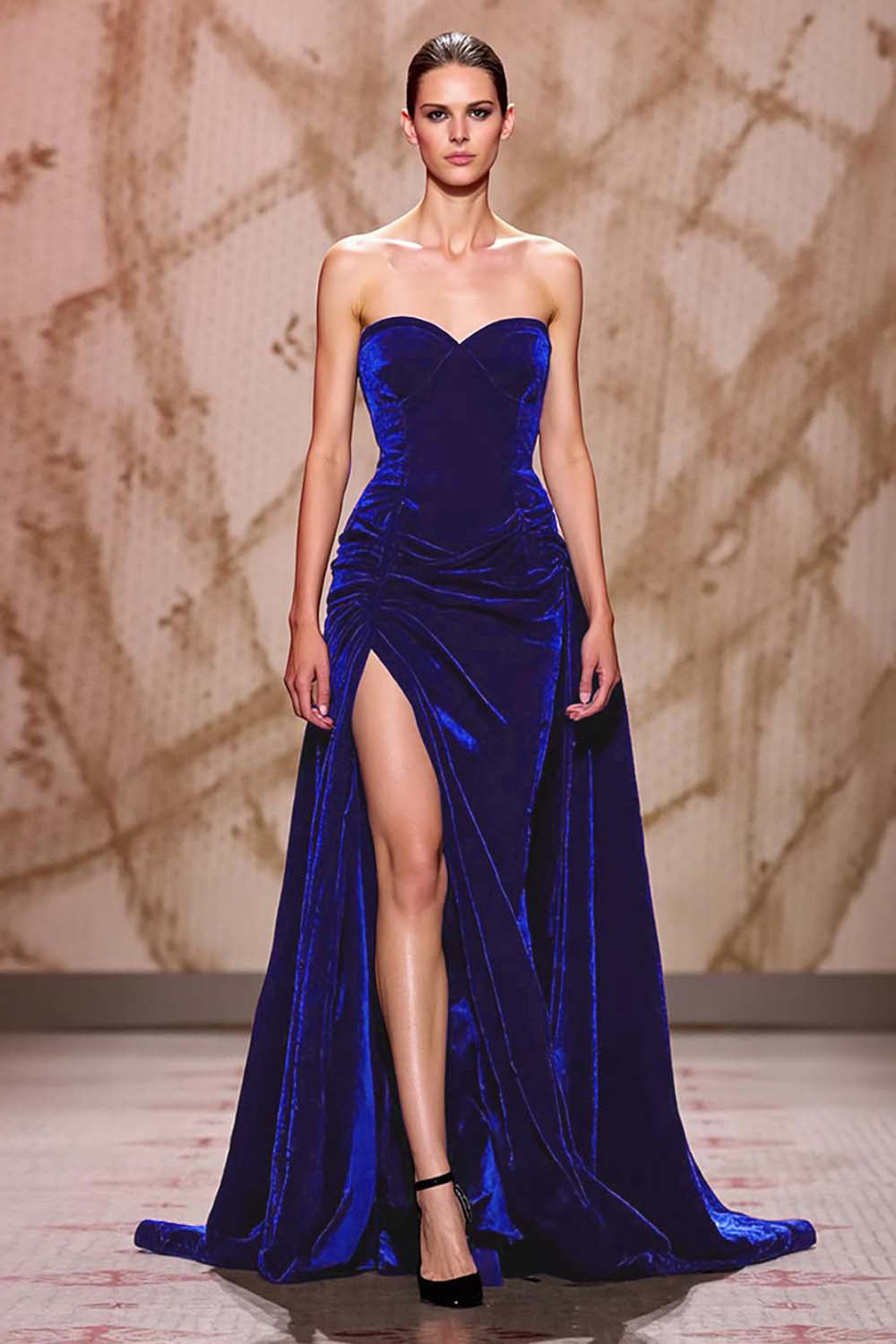 Robe de soirée longue en velours rouge foncé avec fente