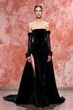 Velvet Black A Line Robe de soirée longue sans bretelles avec fente