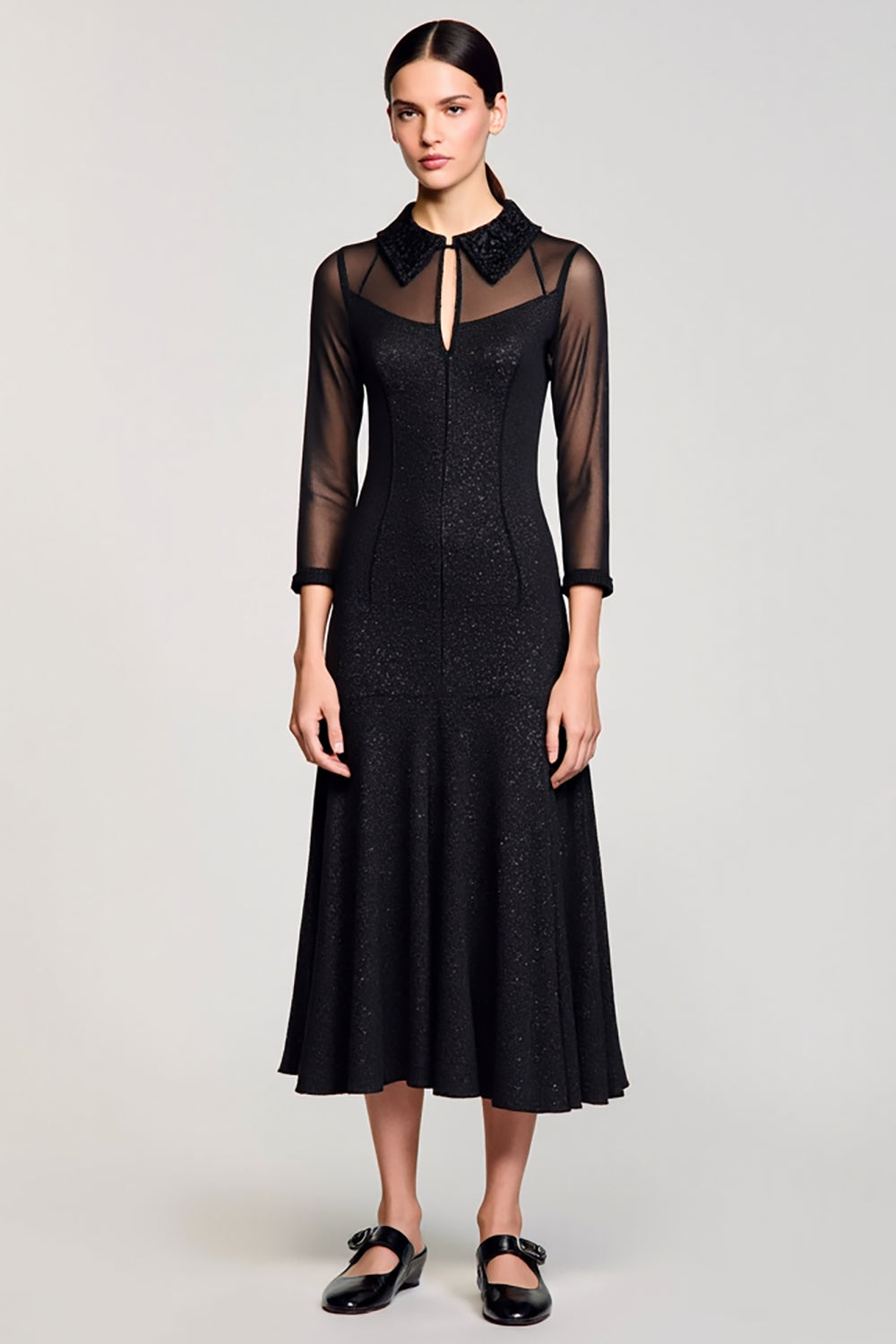 Robe midi à revers aligne noir