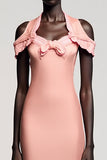 Robe rose sirène à épaule froide avec noeud