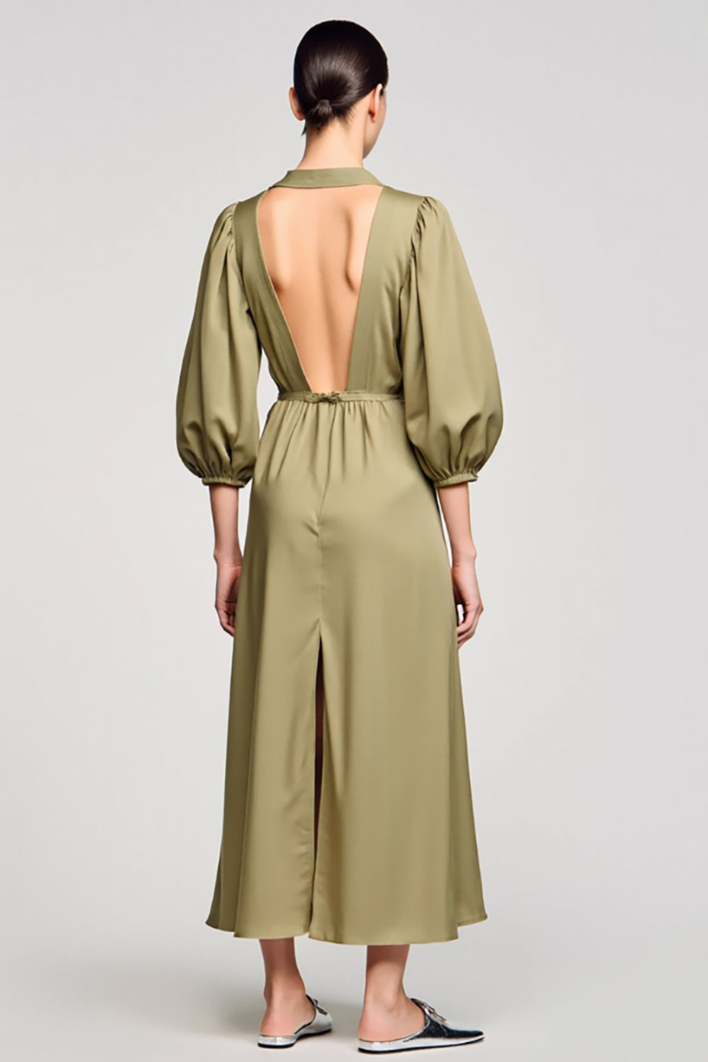 Olive Satin fourreau col V Robe