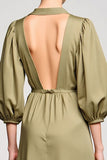 Olive Satin fourreau col V Robe