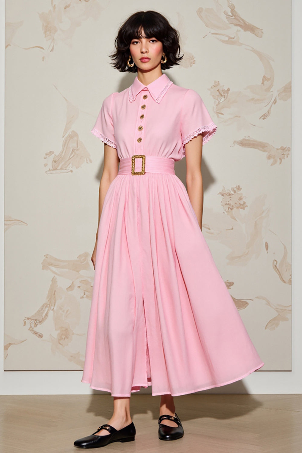 Rose une ligne col polo robe avec ceinture