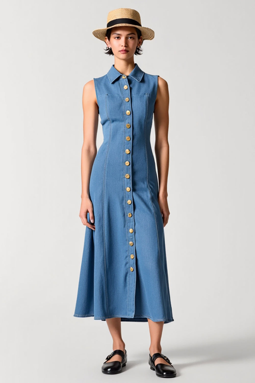Col polo bleu Robe en denim une ligne avec boutons