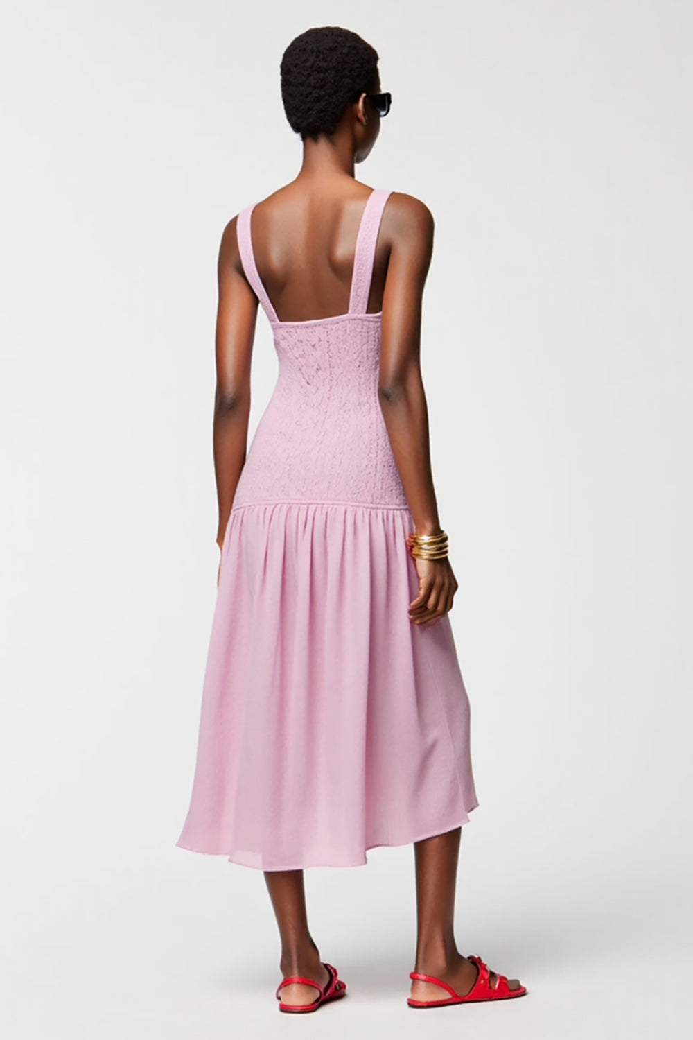 Robe midi à col carré rose