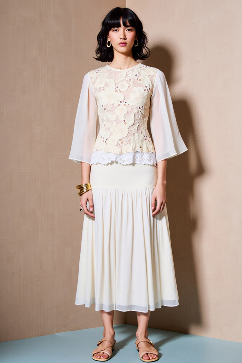 Blanc Une ligne 3/4 manches dentelle Robe