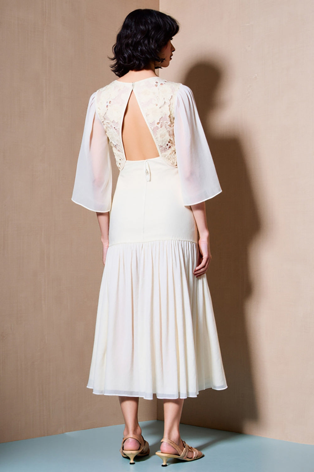 Blanc Une ligne 3/4 manches dentelle Robe