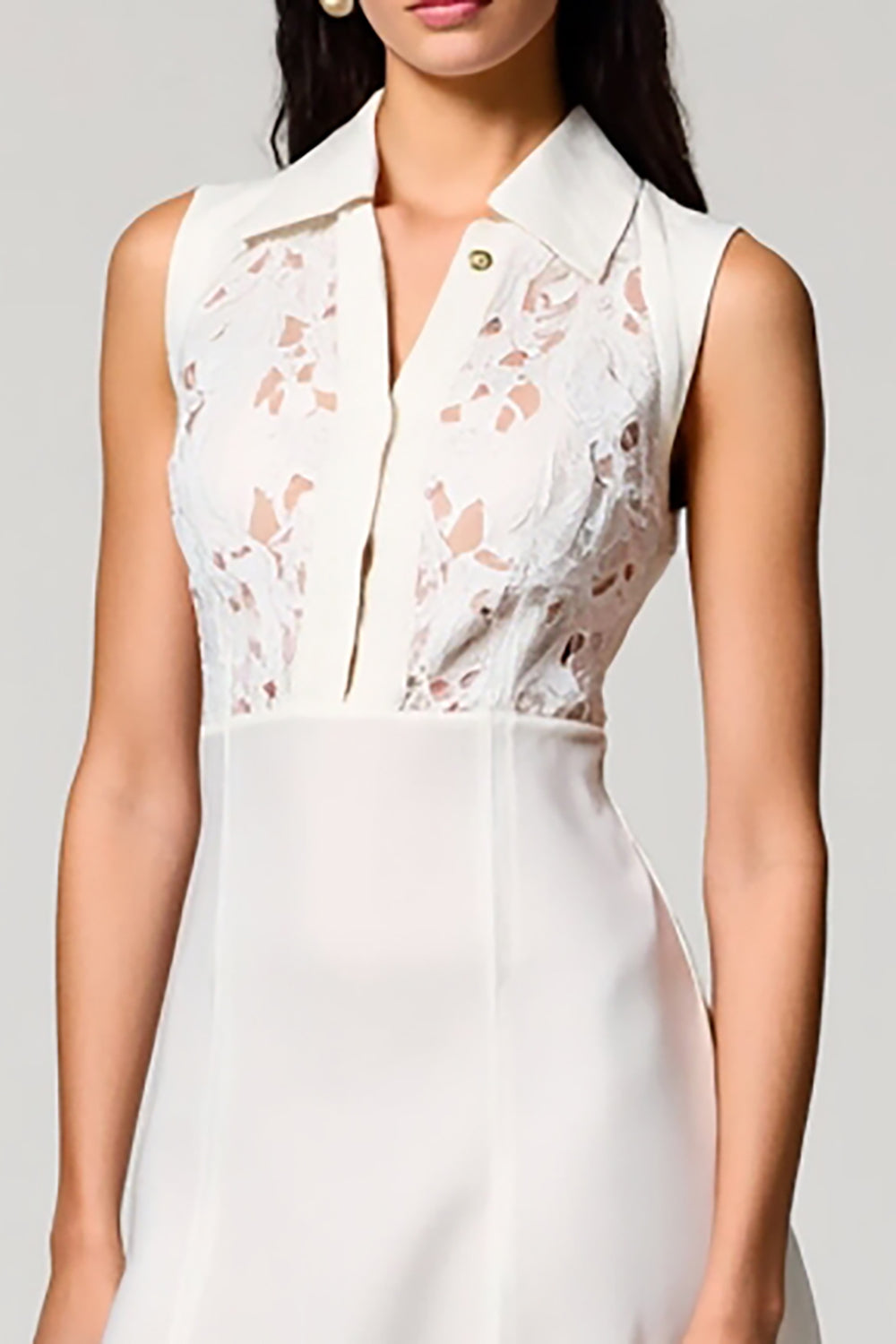 Blanc Une Ligne Col Polo Dentelle Midi Robe