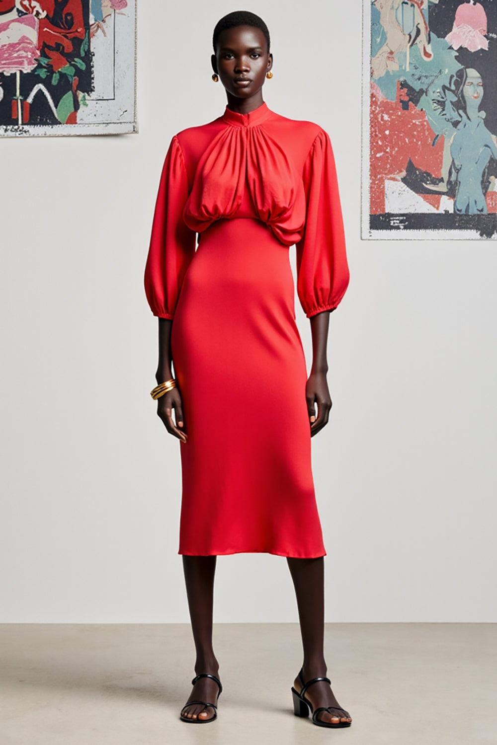 Fourreau rouge 3/4 manches midi robe