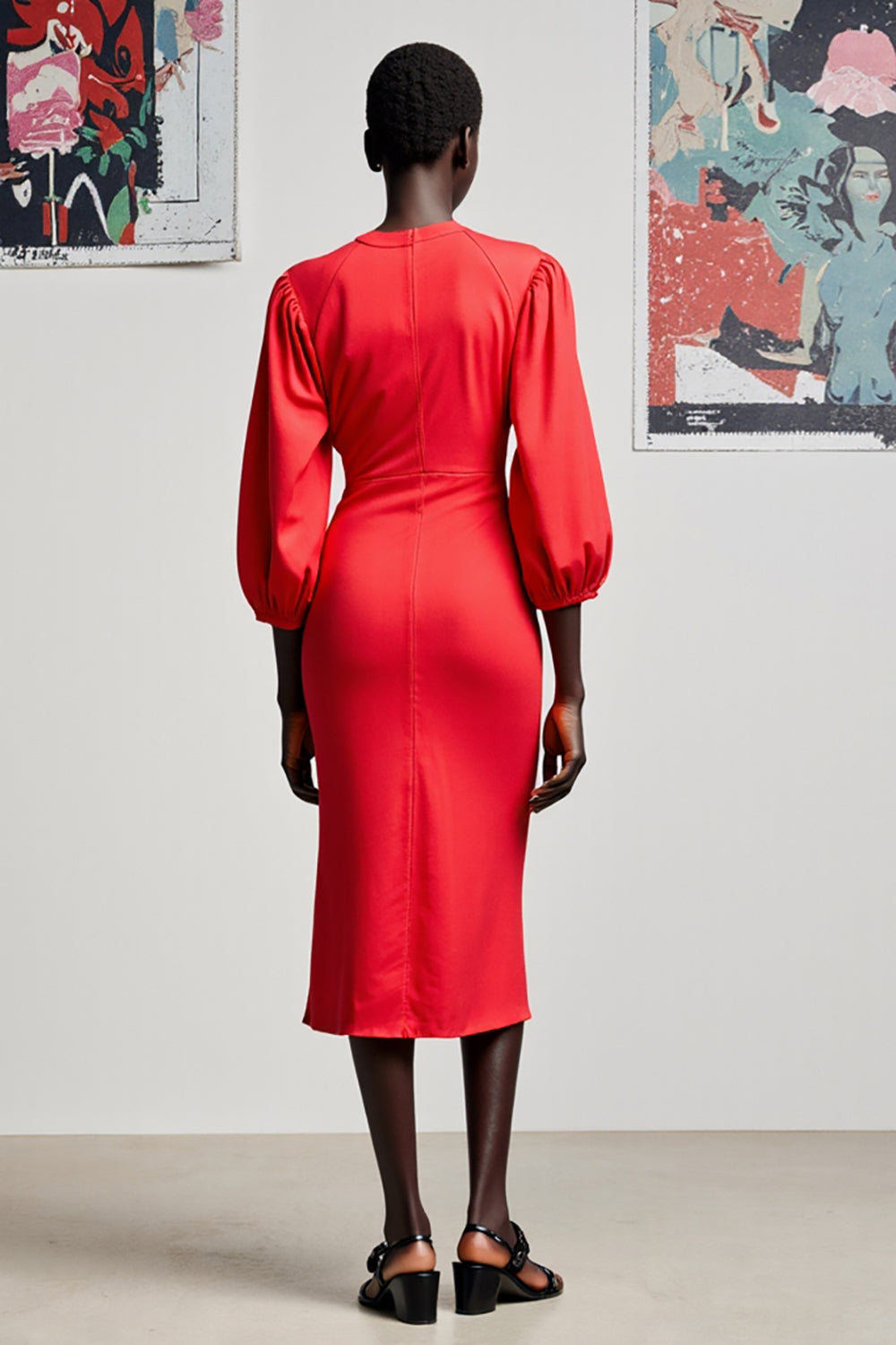 Fourreau rouge 3/4 manches midi robe