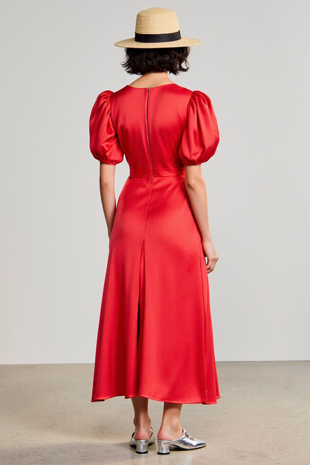 Rouge Une ligne satin à manches bouffantes Robe