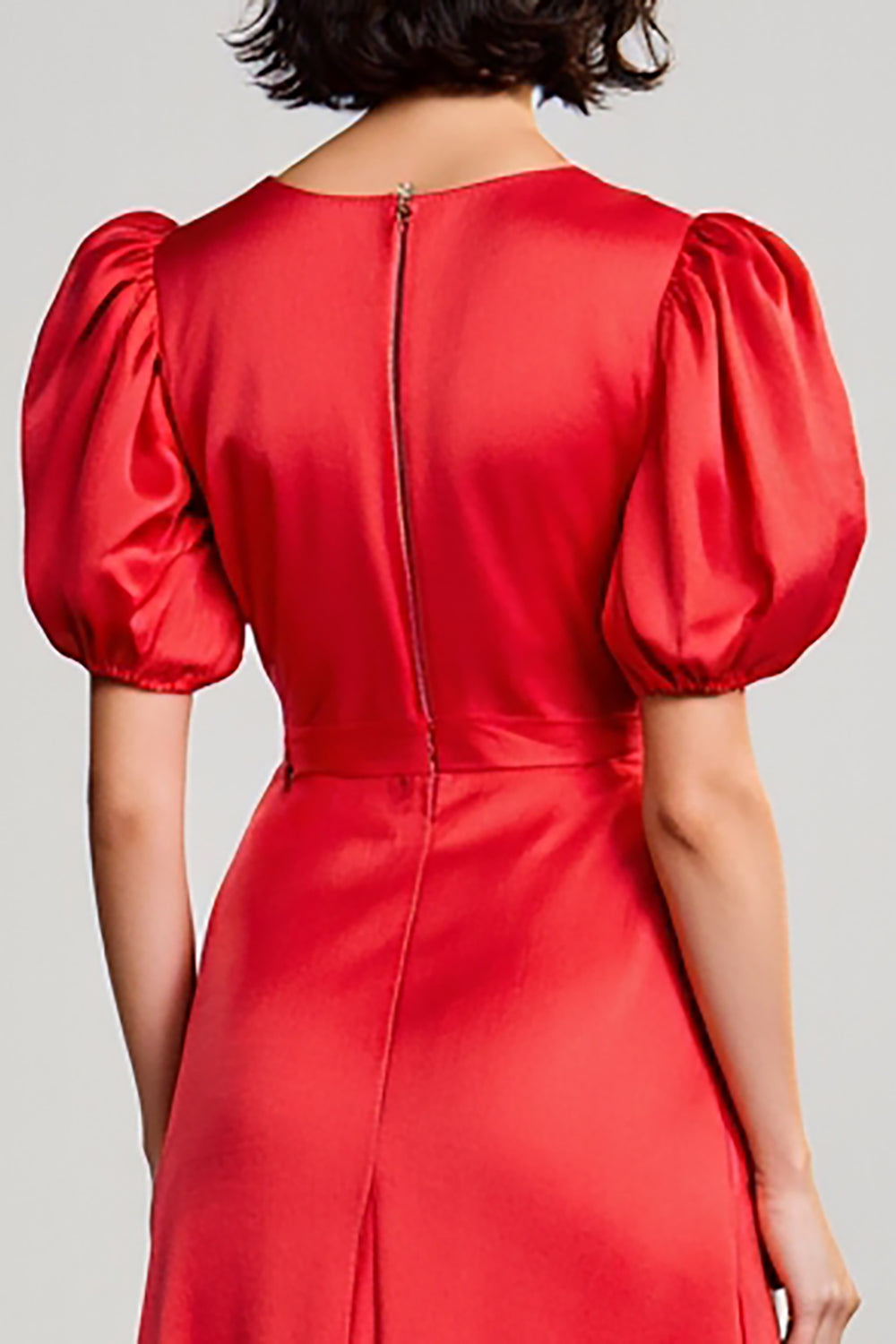 Rouge Une ligne satin à manches bouffantes Robe