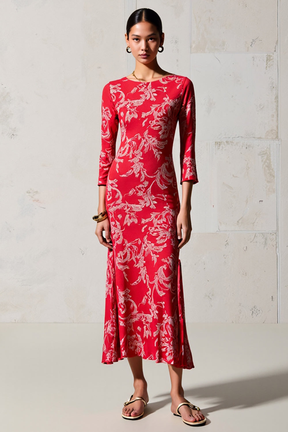 Robe à manches 3/4 fourreau imprimé rouge