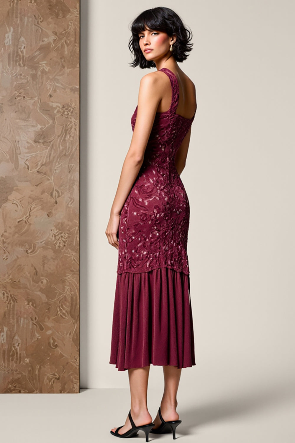 Rouge Round Neck Gaine Longueur Thé Robe