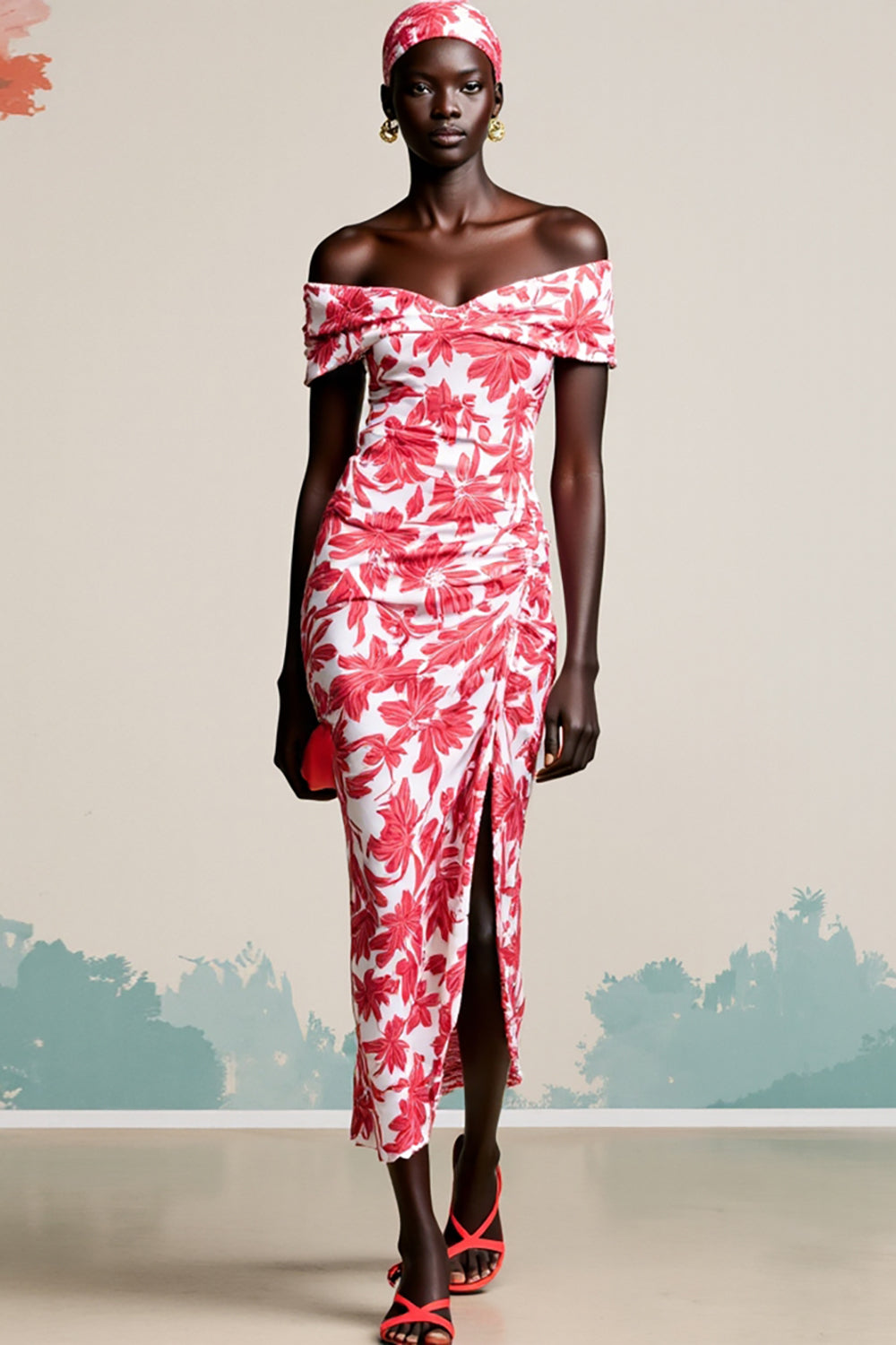 Robe moulante à épaules dénudées florale rouge avec fente