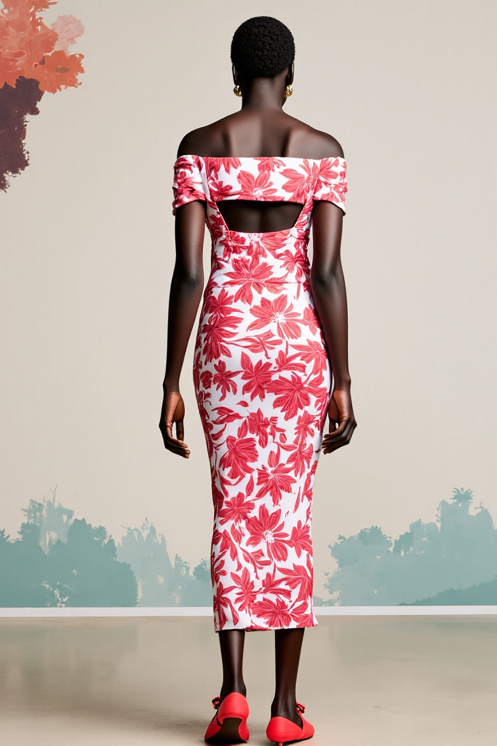 Robe moulante à épaules dénudées florale rouge avec fente