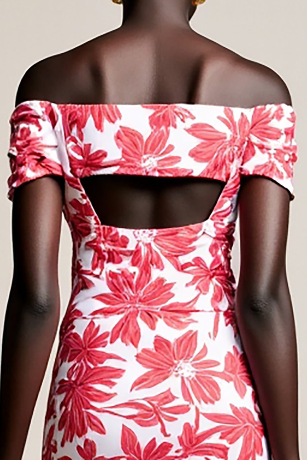Robe moulante à épaules dénudées florale rouge avec fente