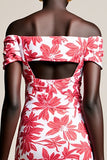 Robe moulante à épaules dénudées florale rouge avec fente