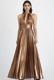 Satin métallisé doré Une ligne plissée dos nu Robe de soirée