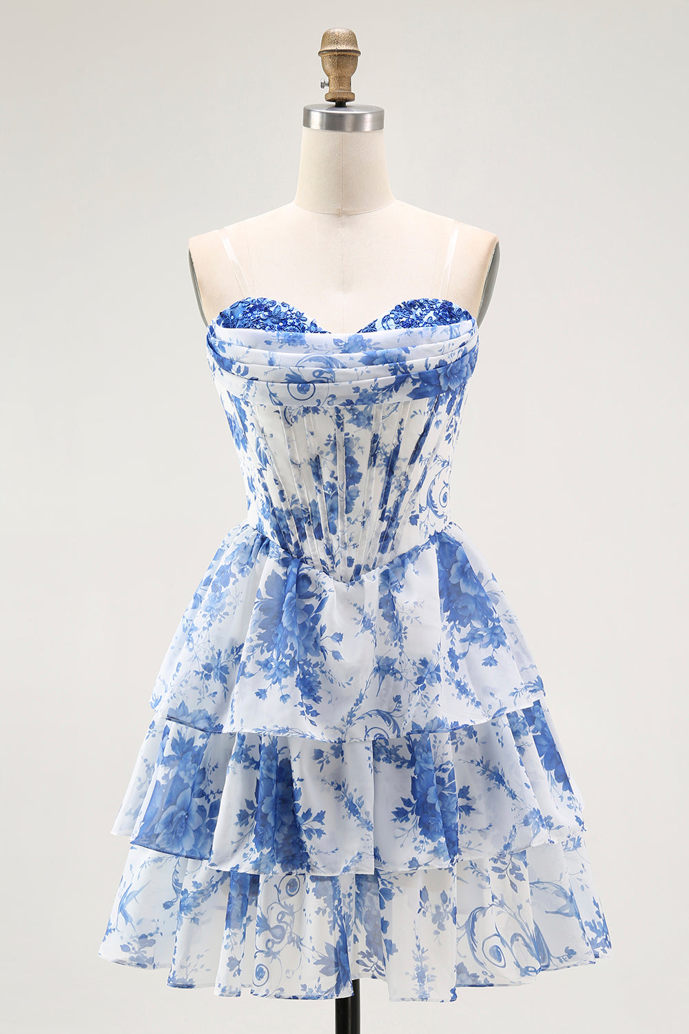 Bustier blanc bleu fleur corset A-line à volants