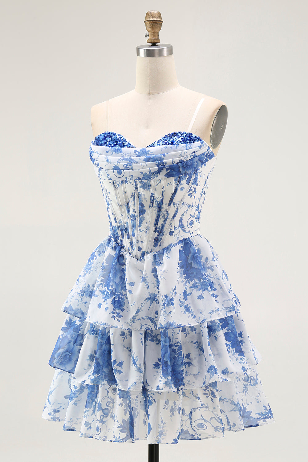 Bustier blanc bleu fleur corset A-line à volants