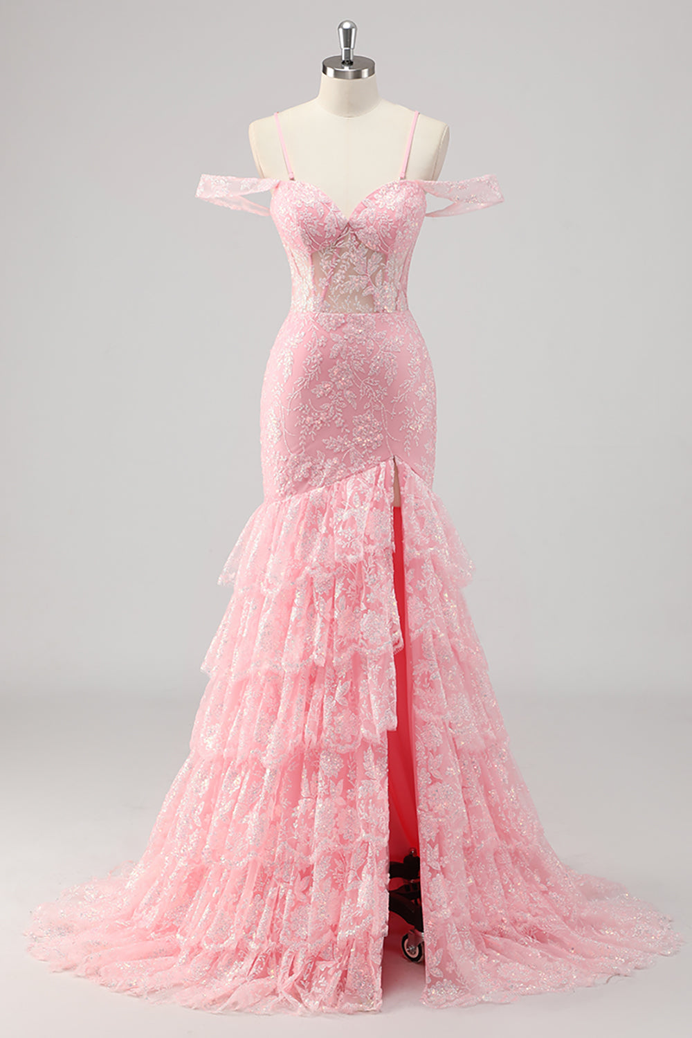 Corset sirène épaule froide Applique Robe De Soirée rose