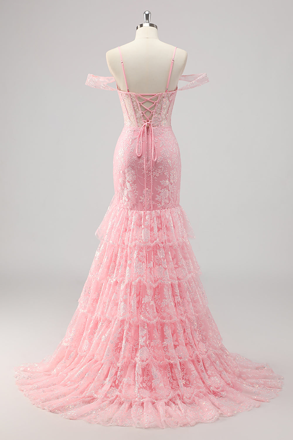 Corset sirène épaule froide Applique Robe De Soirée rose