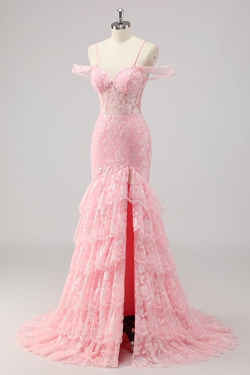 Corset sirène épaule froide Applique Robe De Soirée rose