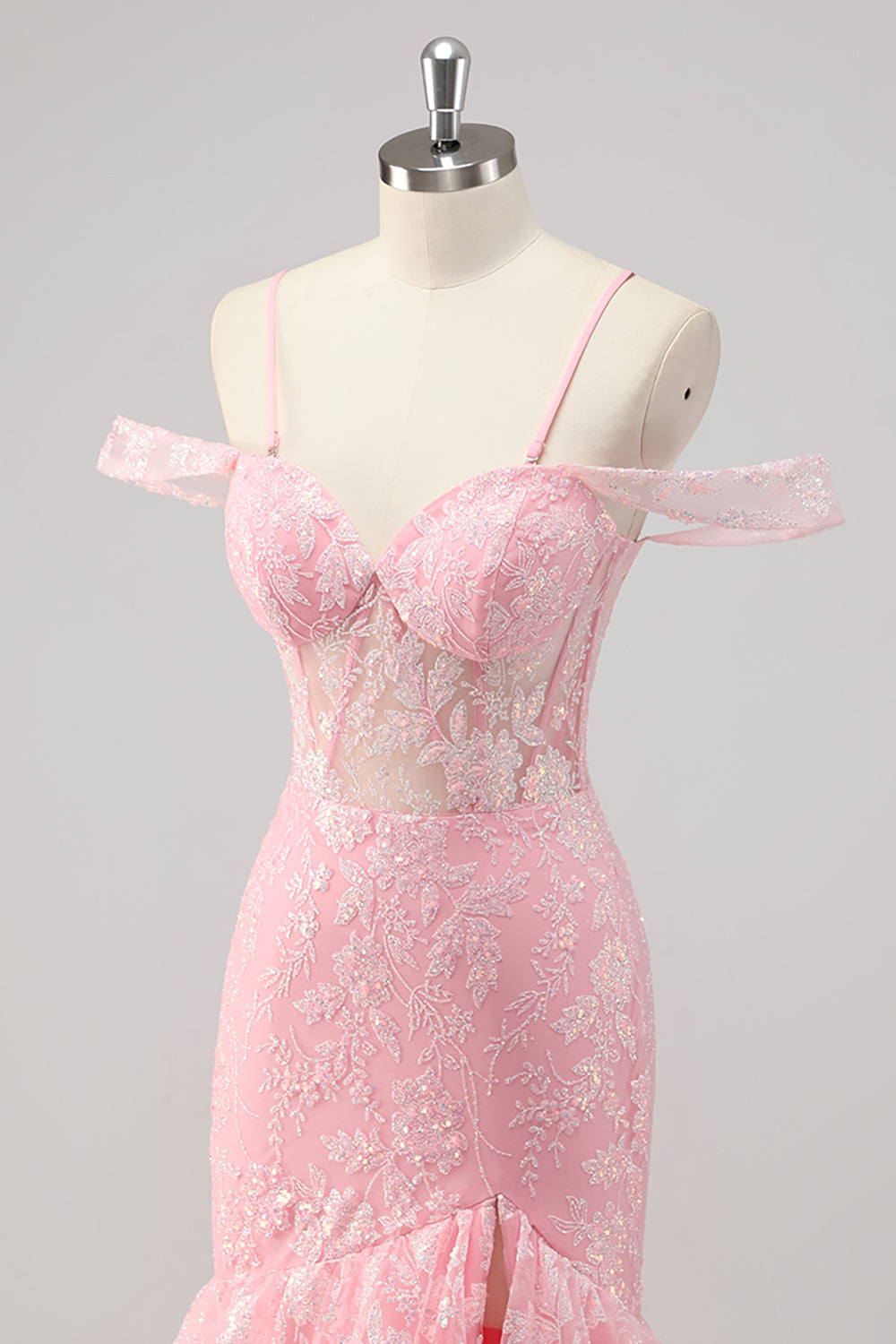Corset sirène épaule froide Applique Robe De Soirée rose
