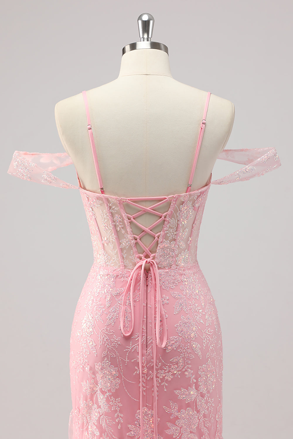 Corset sirène épaule froide Applique Robe De Soirée rose