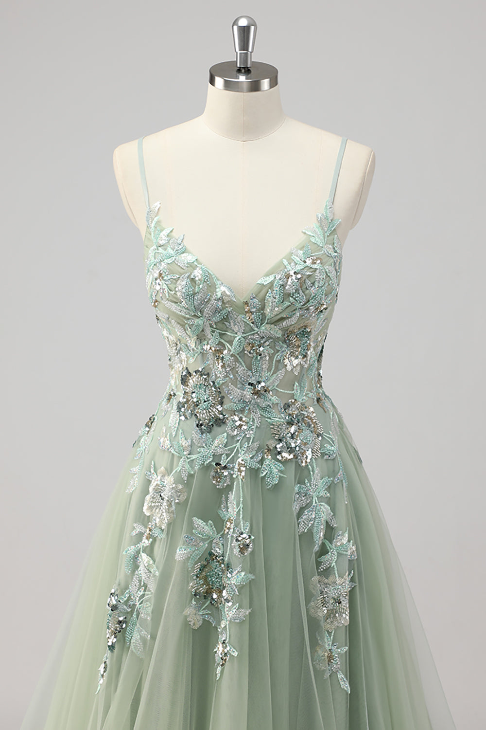 Robe De Soirée appliquée à paillettes vertes avec fente