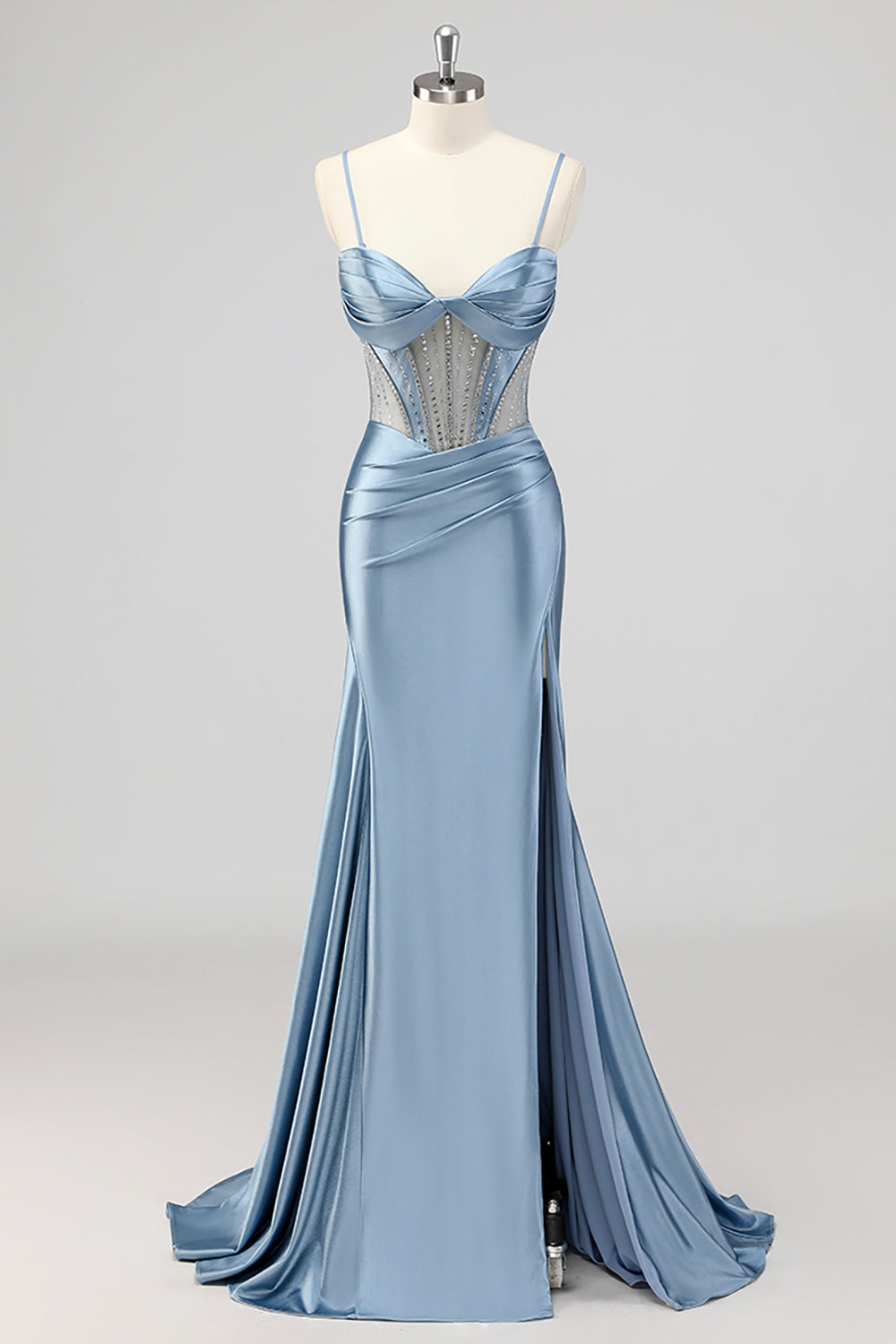 Sirène gris corset bleu perlé Robe De Soirée avec fente