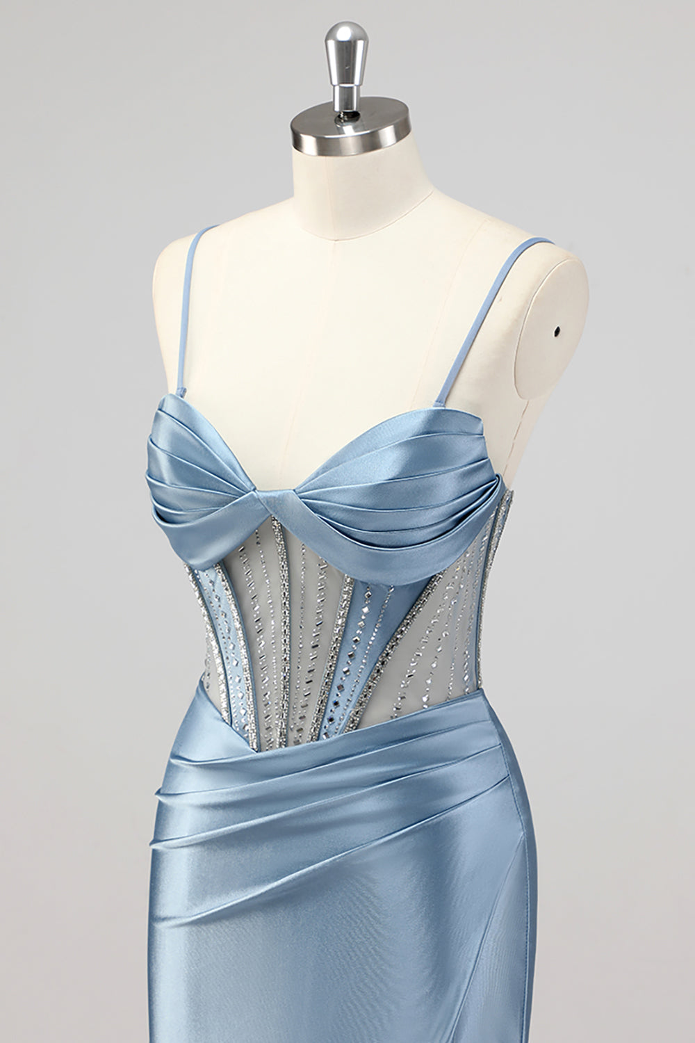Sirène gris corset bleu perlé Robe De Soirée avec fente