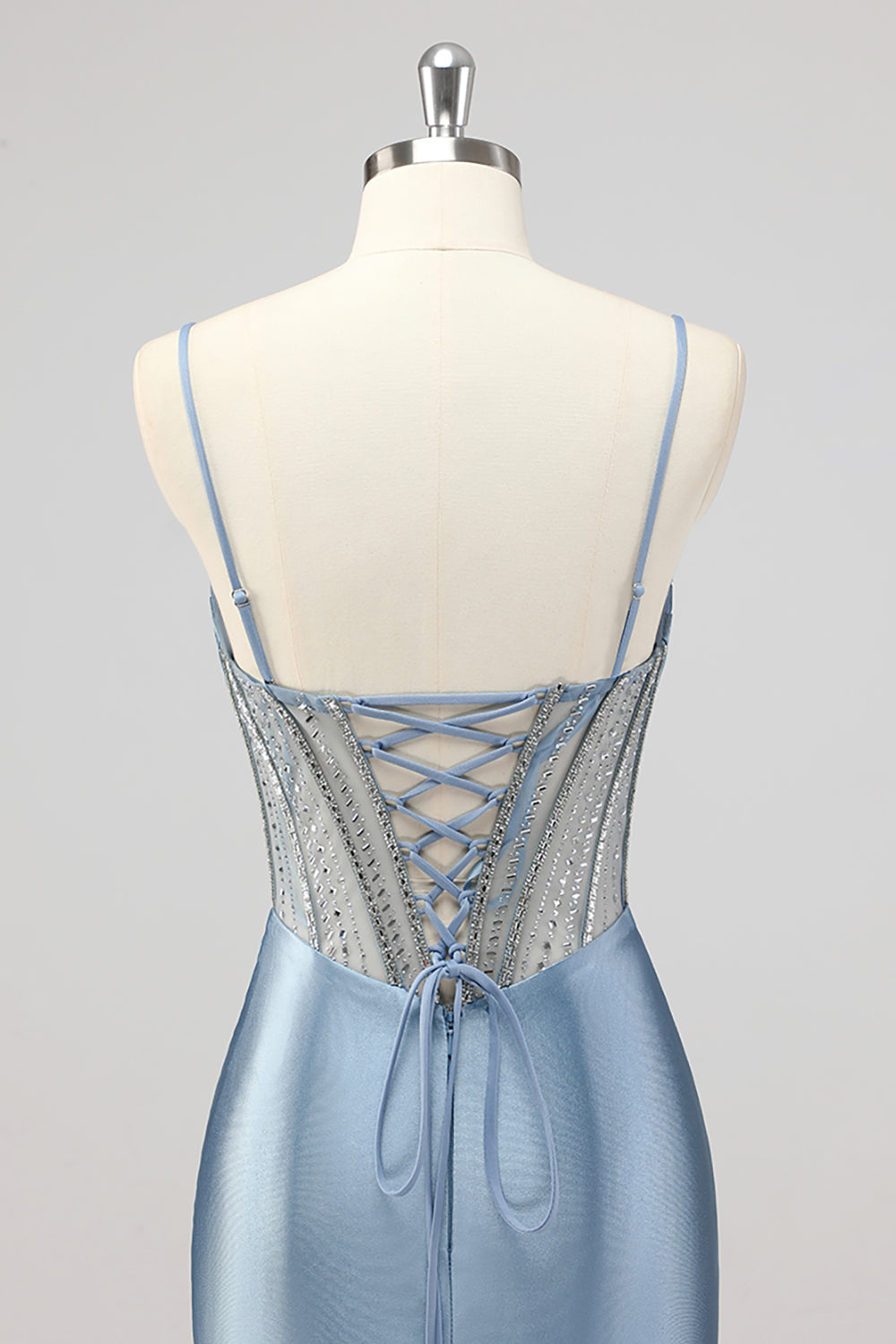 Sirène gris corset bleu perlé Robe De Soirée avec fente