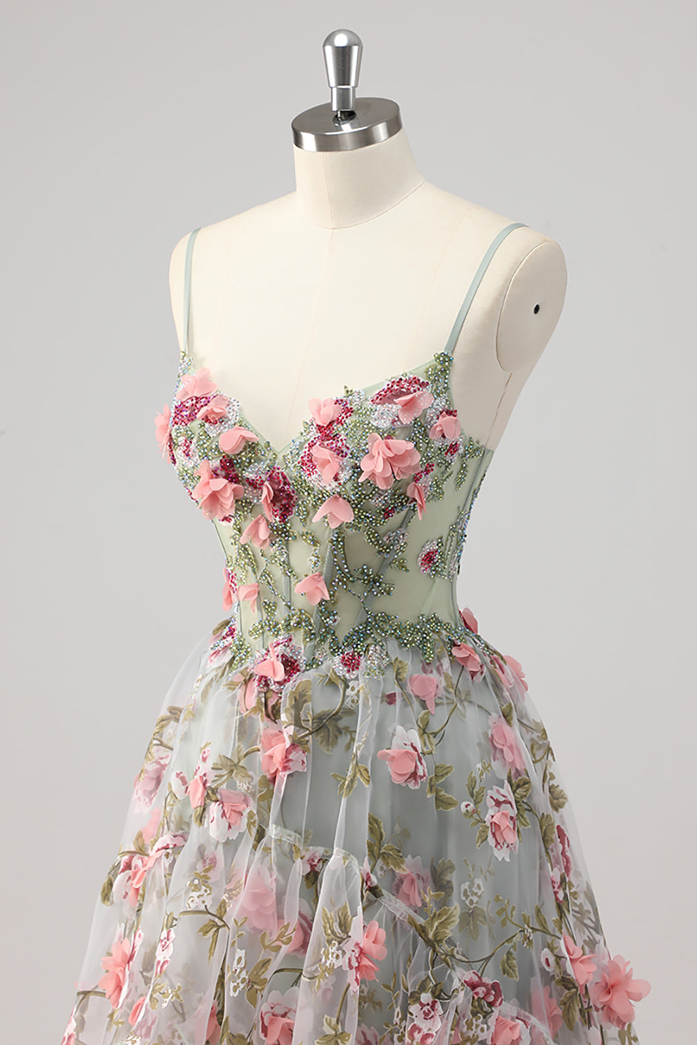 Une ligne gris vert perlé Corset longue Robe De Soirée avec des fleurs 3D