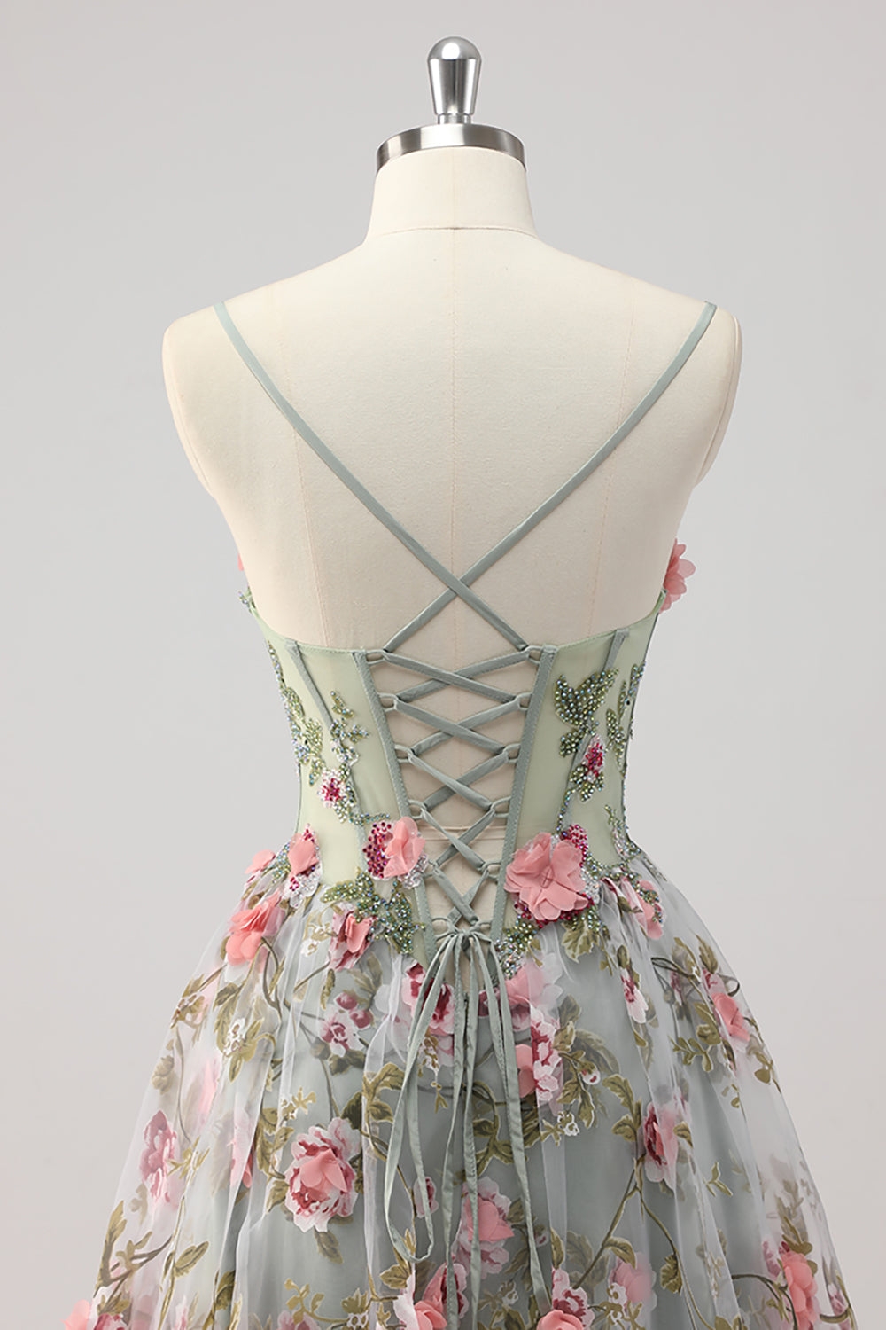 Une ligne gris vert perlé Corset longue Robe De Soirée avec des fleurs 3D