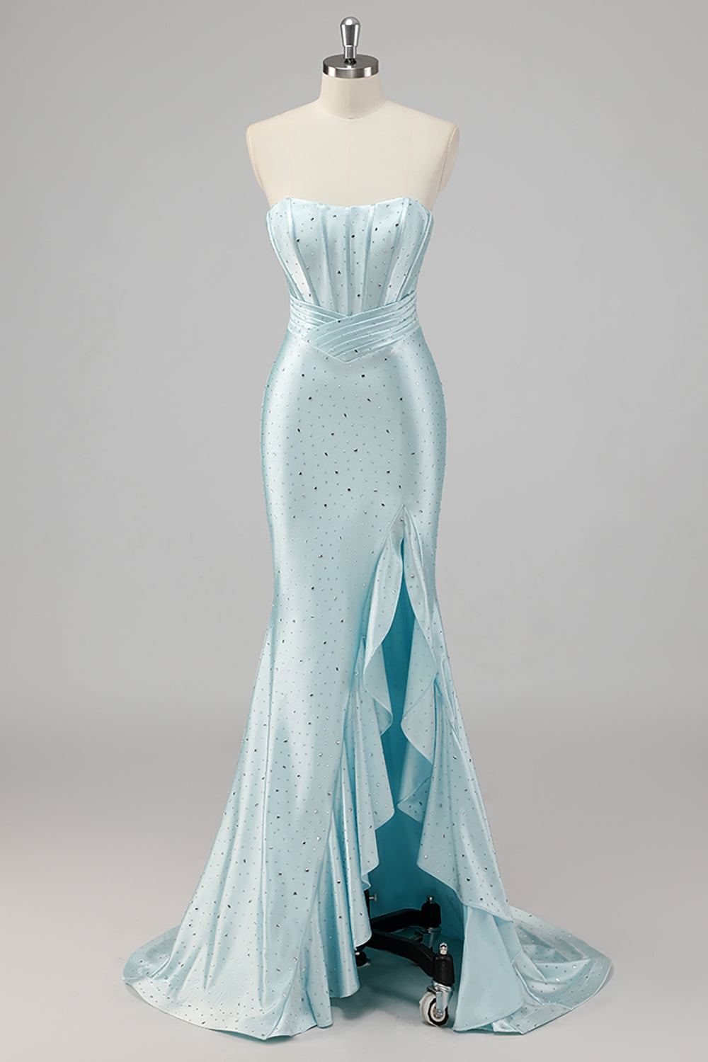 Robe De Soirée bleue perlée sirène sans bretelles
